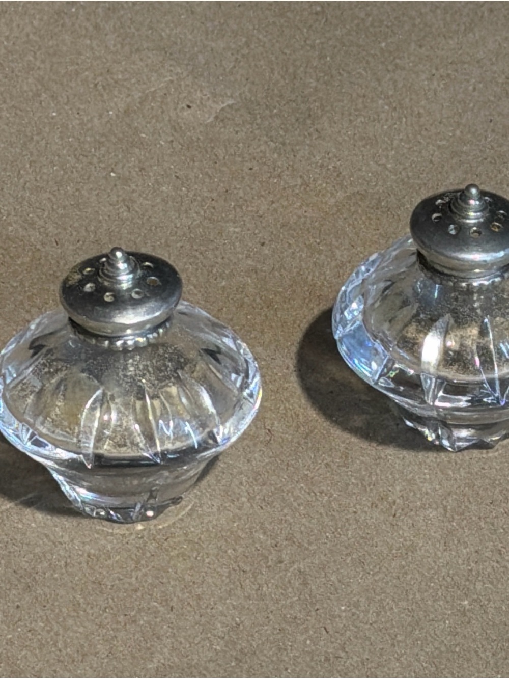 Vintage style Crystal Salt and Pepper Shakers with Silver Tops
